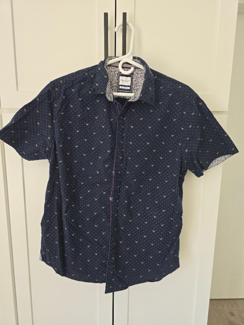 Men’s Denim and Flower Slim Fit Button Up Casual Navy Blue polka dot Large L